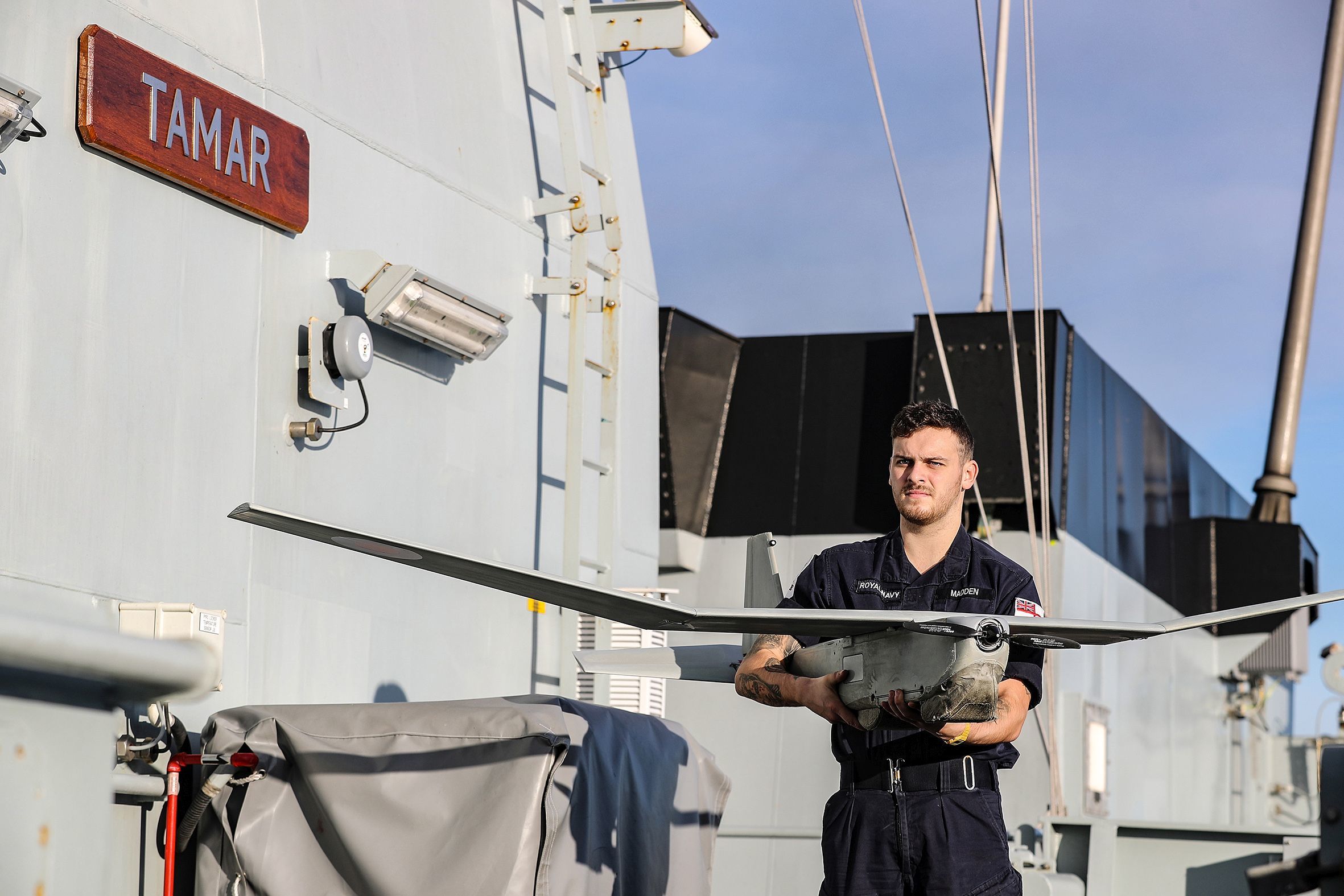 AB Liam Madden with the Puma drone Picture: LPhot Alex Ceolin/UK Ministry of Defence