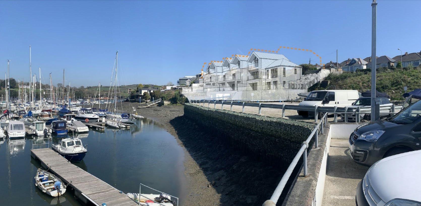 Composite photo showing the plans for new homes in North Parade, Falmouth, which were refused planning permission. The orange dots indicate the outline of previous plans which were withdrawn.