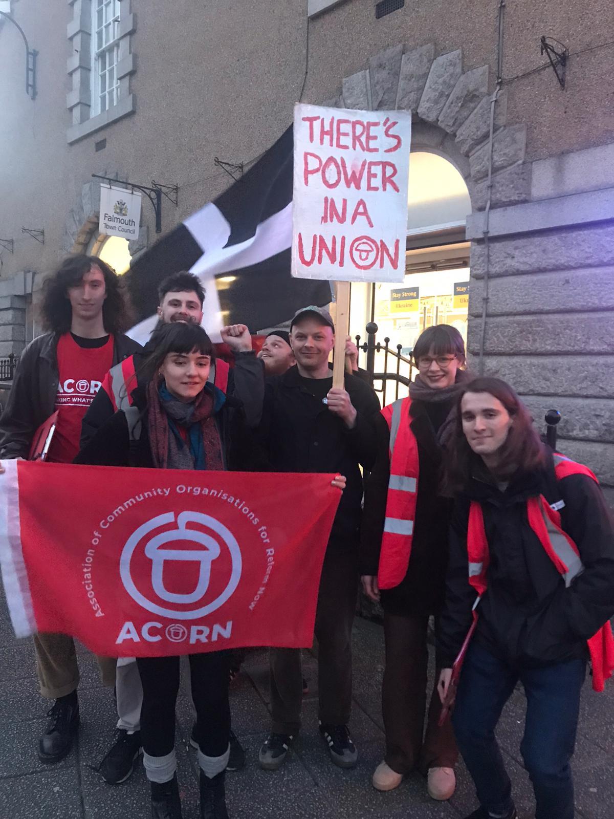 Members of Acorn outside the council offices last night.