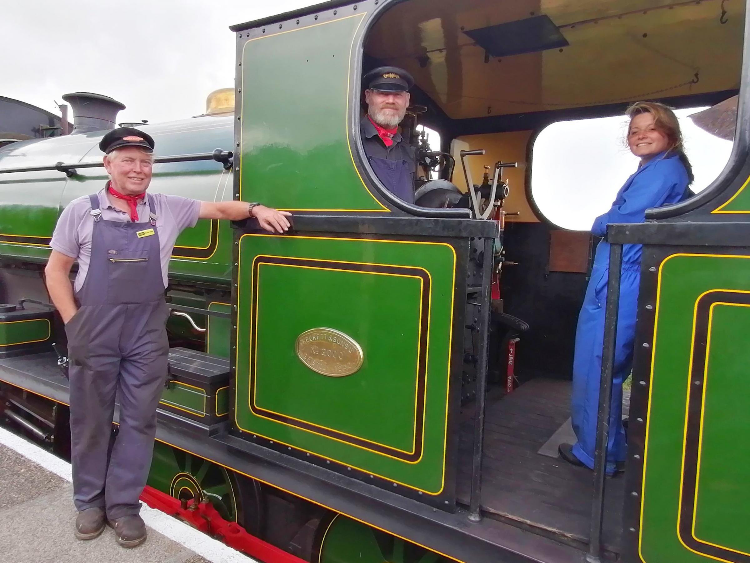 Colin Savage, Marcus Laugher and Sarah Norris onboard the steam locomotive Peckett 2000