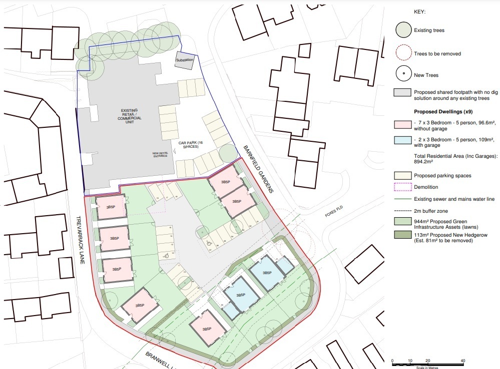 The plan for new houses on the site of the former Barn club in Gulval, Penzance