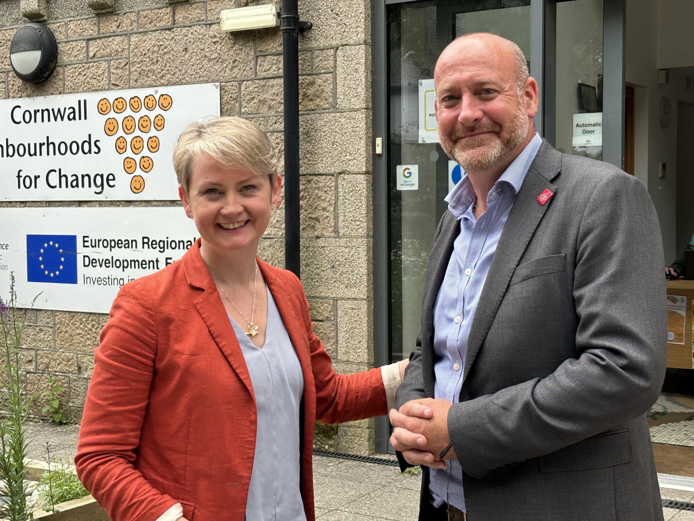 Yvette Cooper, Shadow Secretary of State for the Home Department, with Labour\s candidate for the Camborne and Redruth seat Perran Moon pictured in Redruth (Pic: Lee Trewhela / LDRS)