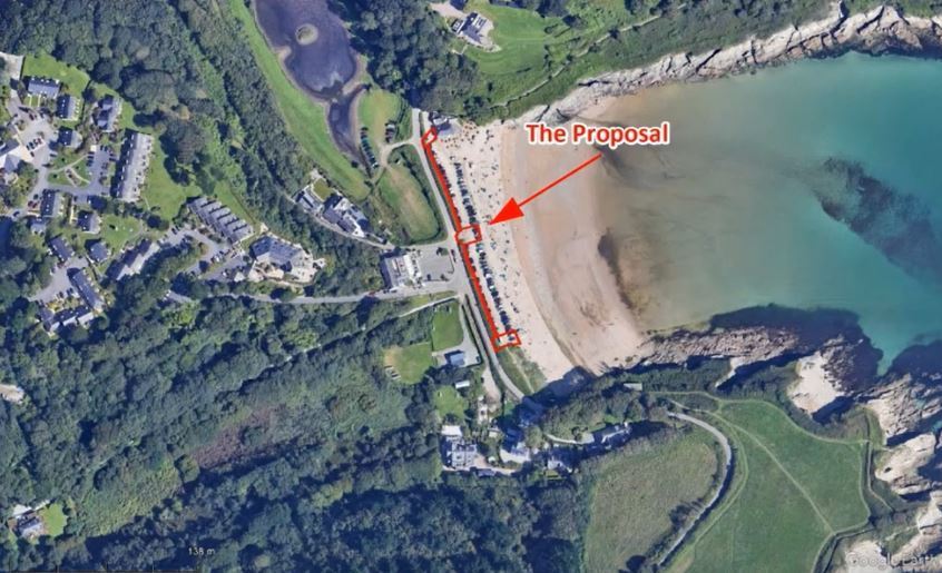 An aerial image shows where the ANPR system would be installed in relation to Maenporth beach (Pic: Google Earth / Cornwall Council)