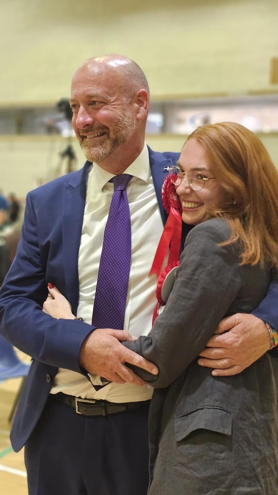 New Labour MP for Camborne and Redruth Perran Moon celebrates at the Carn Brea count with daughter Tamara (Pic: Perran Moon)