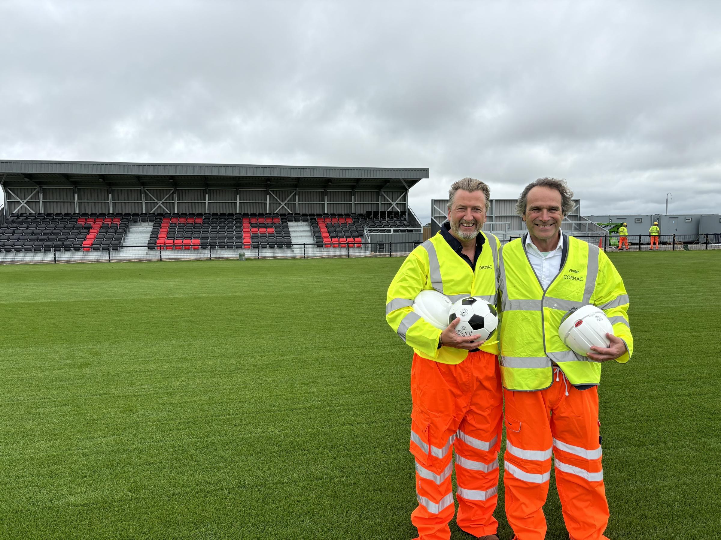 Treveth\s Harry Lewis, left, and Cornwall councillor Olly Monk on the new pitch at Truro City FC\s ground at Truro Sports Hub (Pic: Lee Trewhela / LDRS)