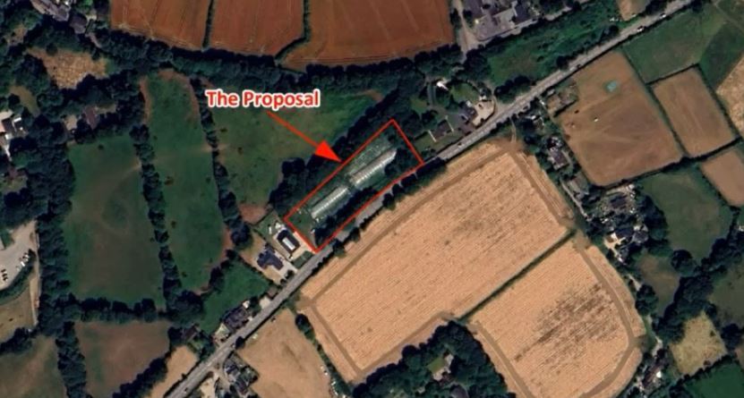 An aerial photograph showing where the houses would be built on land currently occupied by poly tunnels (Pic: Google Earth / Cornwall Council)